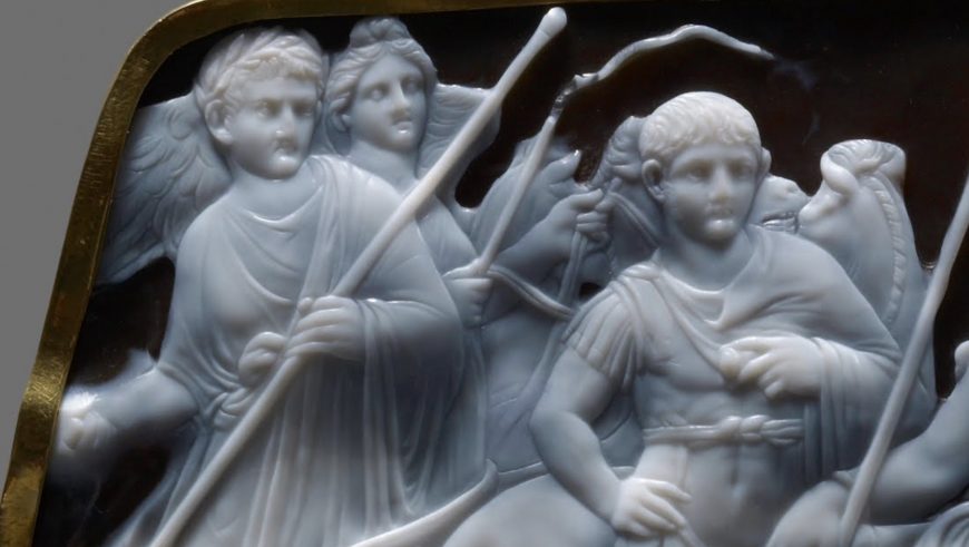 Tiberius and Germanicus (detail), Dioskourides, Gemma Augustea, 9 – 12 C.E., 19 x 23 cm, double-layered sardonyx with gold, gold-plated silver (Kunsthistorisches Museum Vienna)