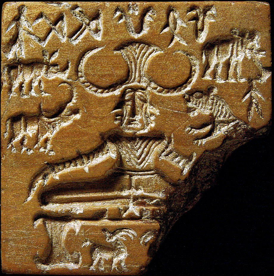 Pashupati Seal, 2500–2400 B.C.E. (Mohenjo-daro, Indus Valley Civilization), steatite, coated with alkali, and baked (National Museum New Delhi)