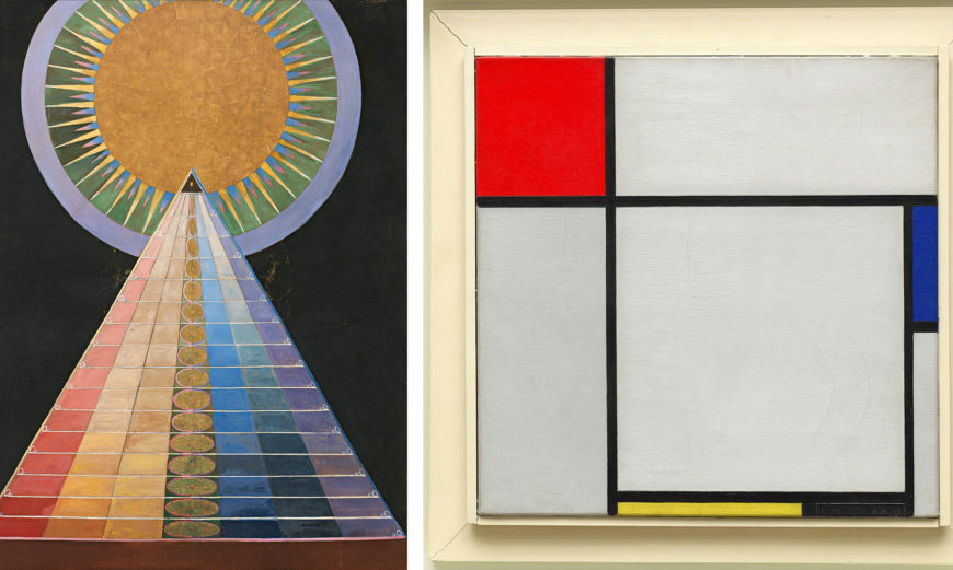 Left: Hilma af Klint, <em>Group X, No. 1, Altarpiece (Altarbild)</em>, 1915, oil and metal leaf on canvas, 237.5 x 179.5 cm; Right: Piet Mondrian, <em>Composition</em>, 1929, oil on canvas, 45.1 x 45.3 cm (Guggenheim Museum, New York)